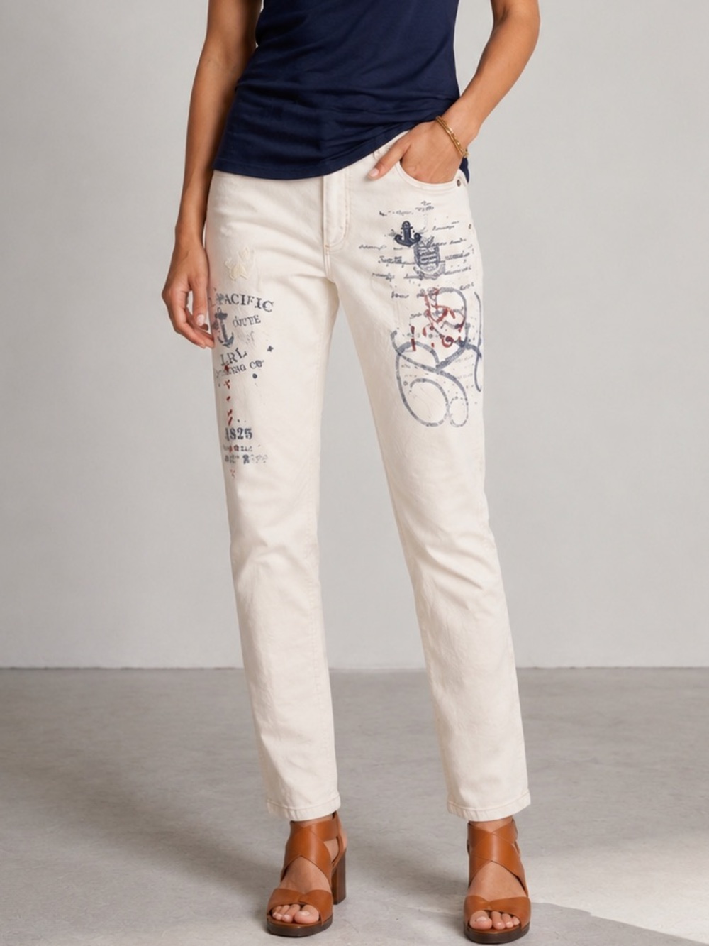 Ralph Lauren Jeans Nautical Embroidered Off White Anchor Straight Leg Size 4